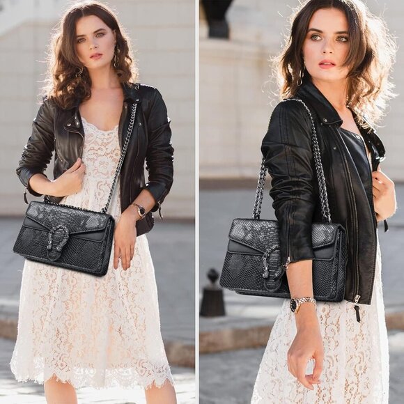 Snake Print Crossbody Bag for Women, Leather Clutch with Chain, Evening Purse - Picture 2 of 7